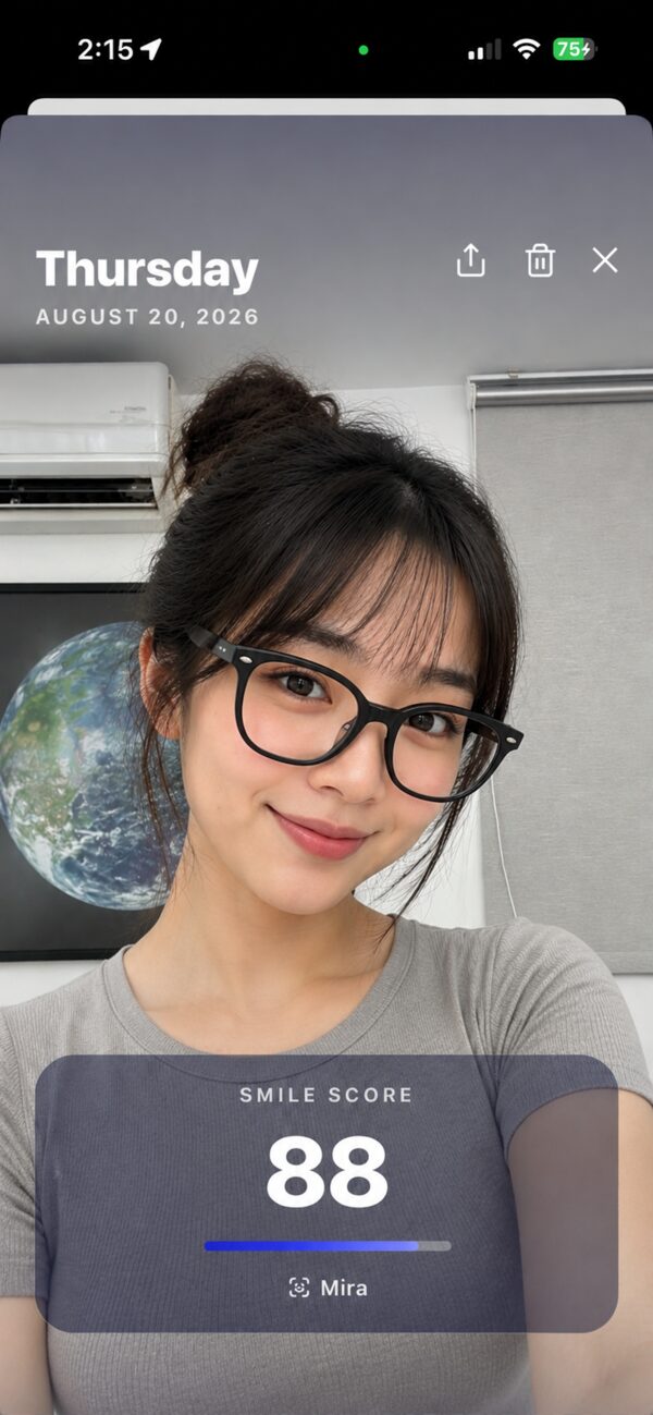 Mira's day view: a saved smile photo with its smile score of 88