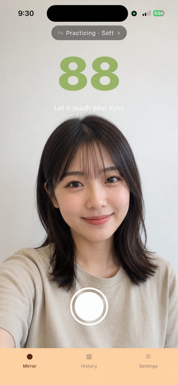 Mira's mirror screen: a live smile score of 88 with the tip 'Let it reach your eyes'